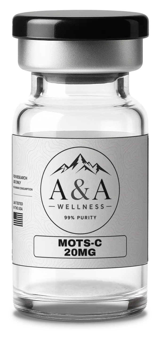 A&A Wellness MOTS-c research peptide vial with black cap and white label