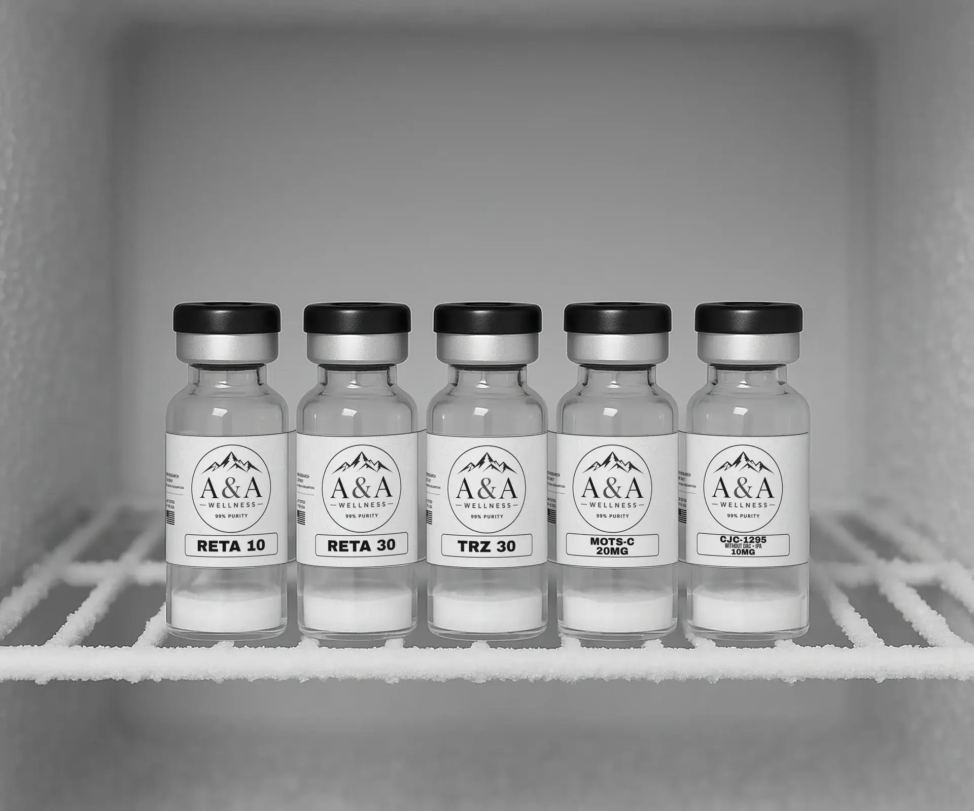 Row of A&A Wellness research vials on a frosted wire shelf inside a laboratory freezer