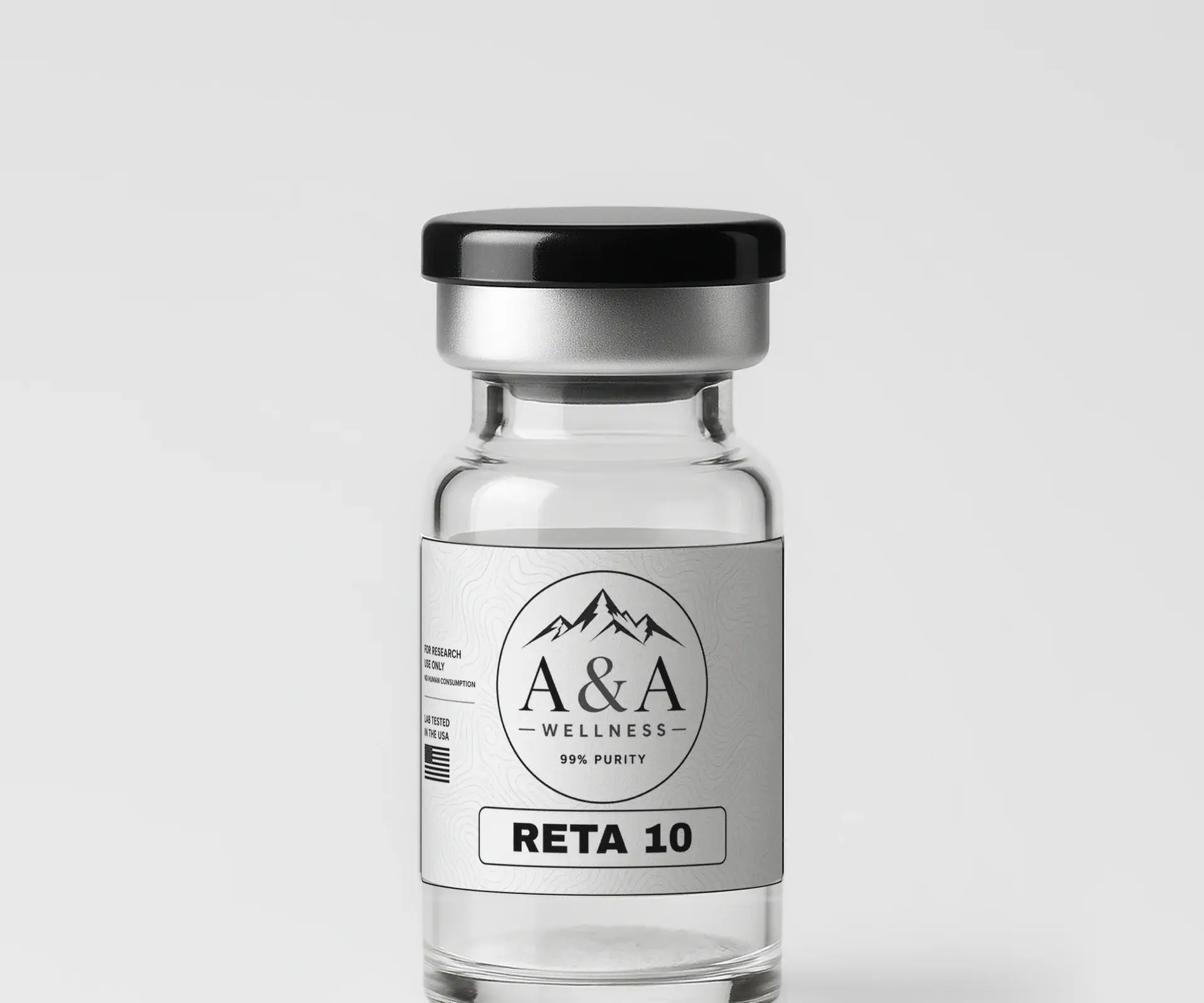 Close-up of a sealed research vial with silver crimp cap and label