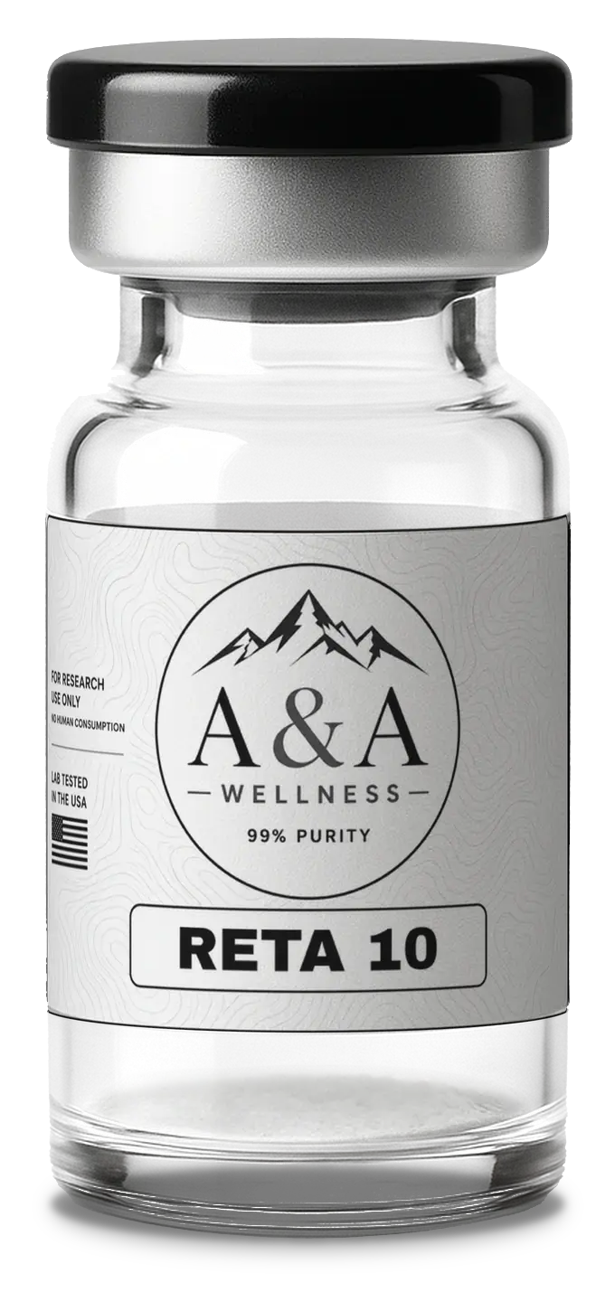 A&A Wellness Retatrutide research peptide vial with black cap and white label
