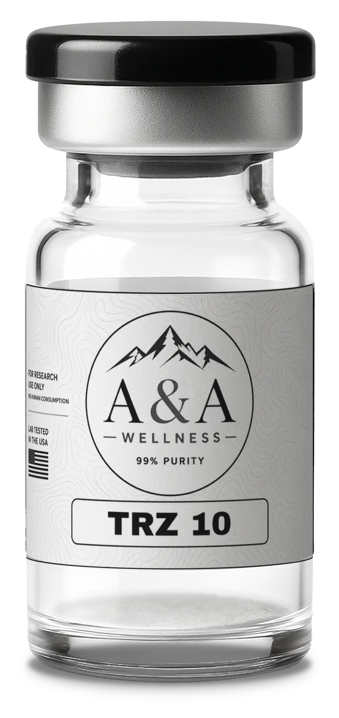 A&A Wellness Tirzepatide research peptide vial with black cap and white label